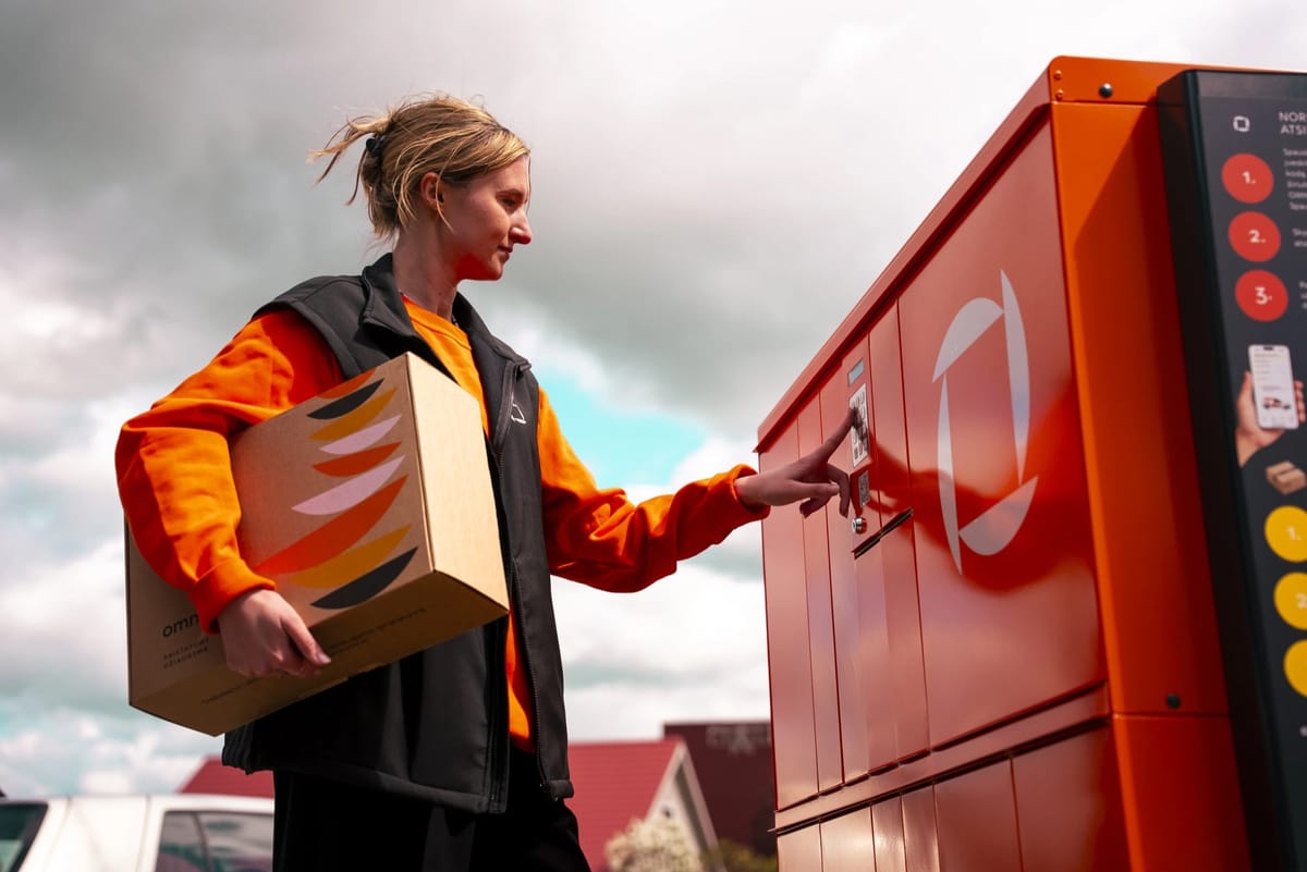 An Omniva courier with a parcel at an orange parcel machine